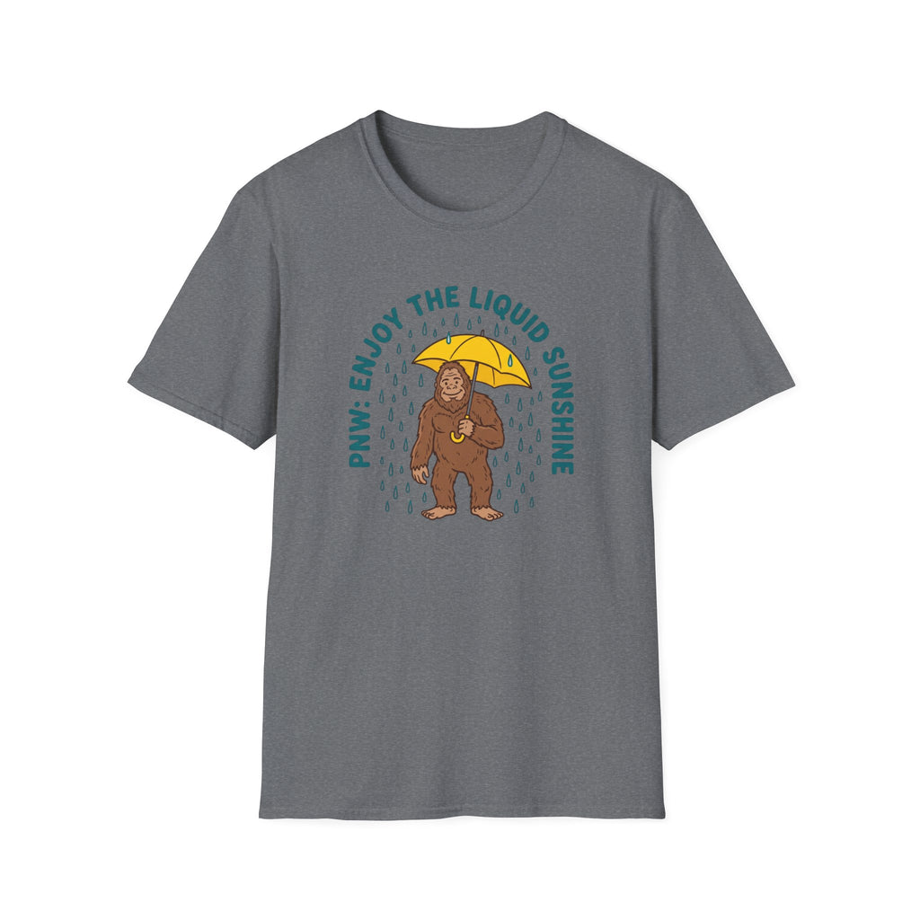 PNW Enjoy the Liquid Sunshine Bigfoot T-Shirt | Rain Umbrella Illustration