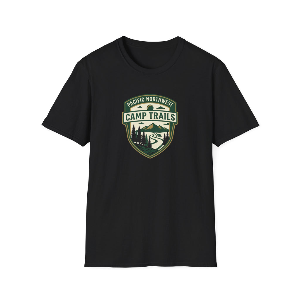 Camp Trails badge T-Shirt | Mountain camping logo, forest trail emblem