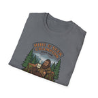 Sasquatch Hide & Seek Champion T-Shirt | Powered by Coffee, Bigfoot Design