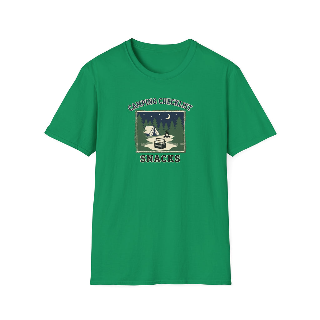 Camping Checklist Snacks T-Shirt | Camping Graphic Tee, Tent Campfire Design