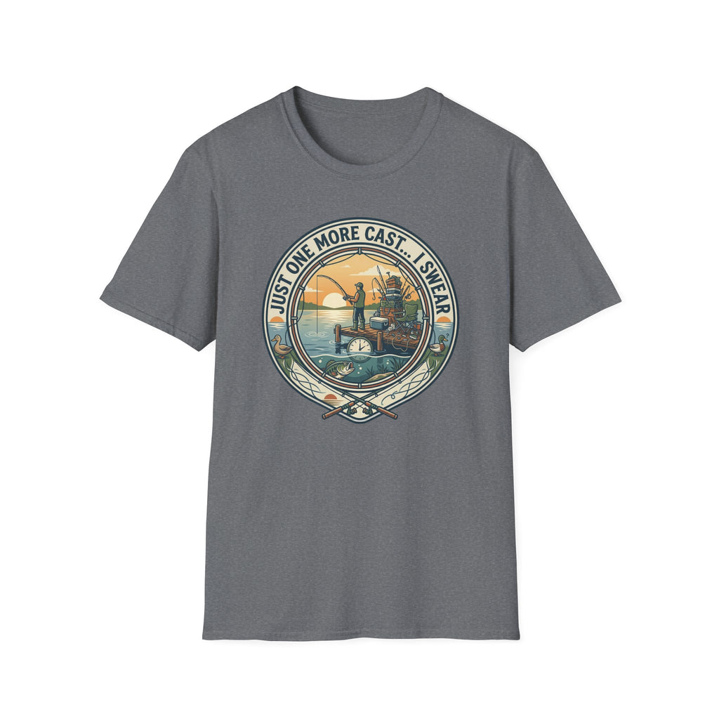 Just One More Cast Fishing T-Shirt | Retro Sunset Angler Design