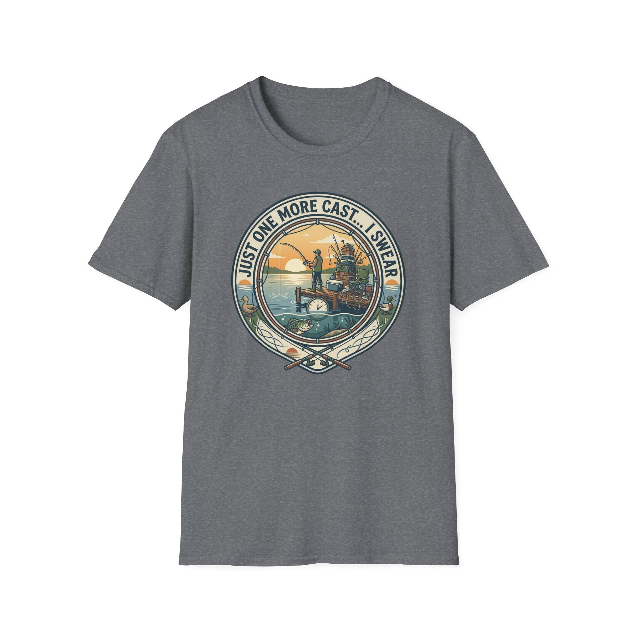 Just One More Cast Fishing T-Shirt | Retro Sunset Angler Design