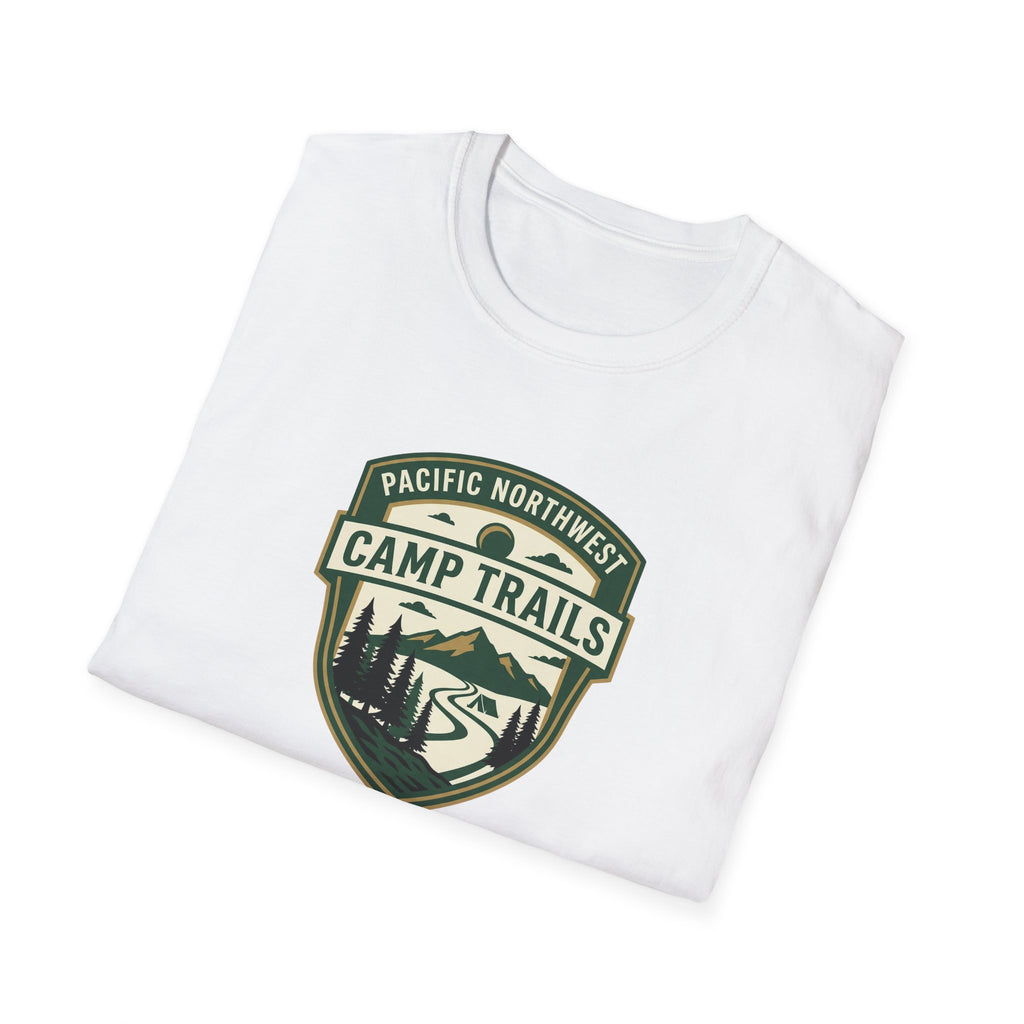 Camp Trails badge T-Shirt | Mountain camping logo, forest trail emblem