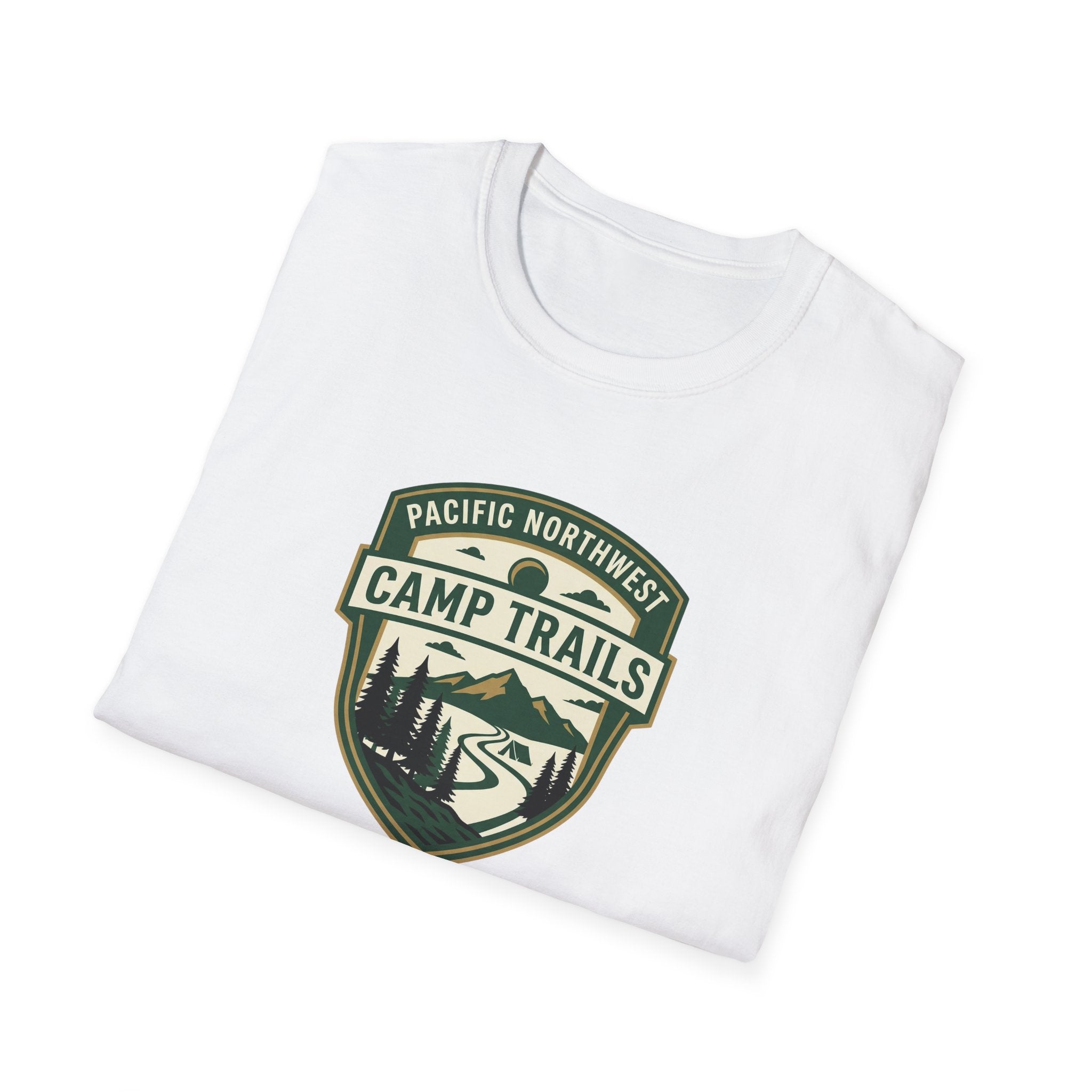 Camp Trails badge T-Shirt | Mountain camping logo, forest trail emblem
