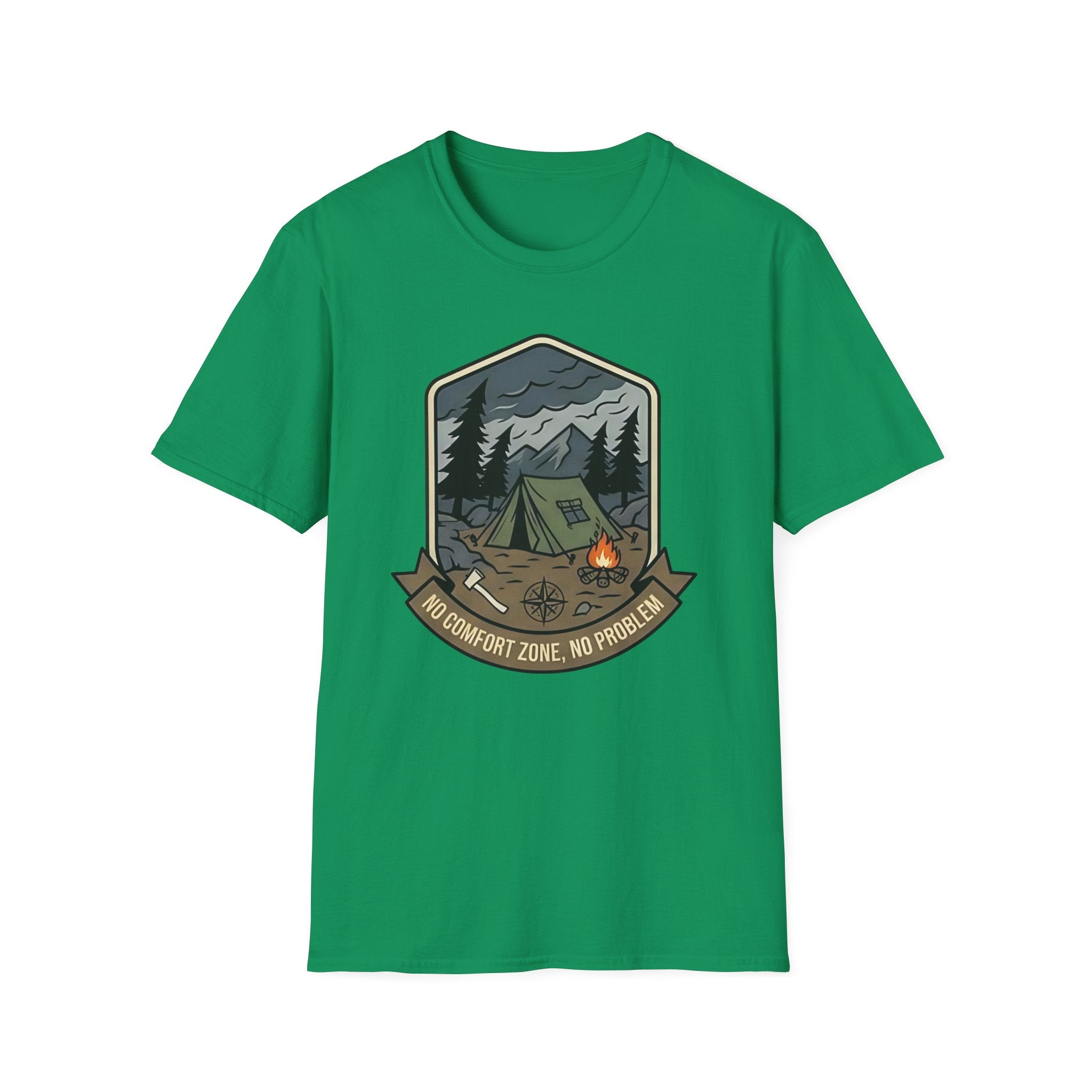 Camping Badge tent and campfire graphic T-Shirt | outdoors hiking adventure emblem