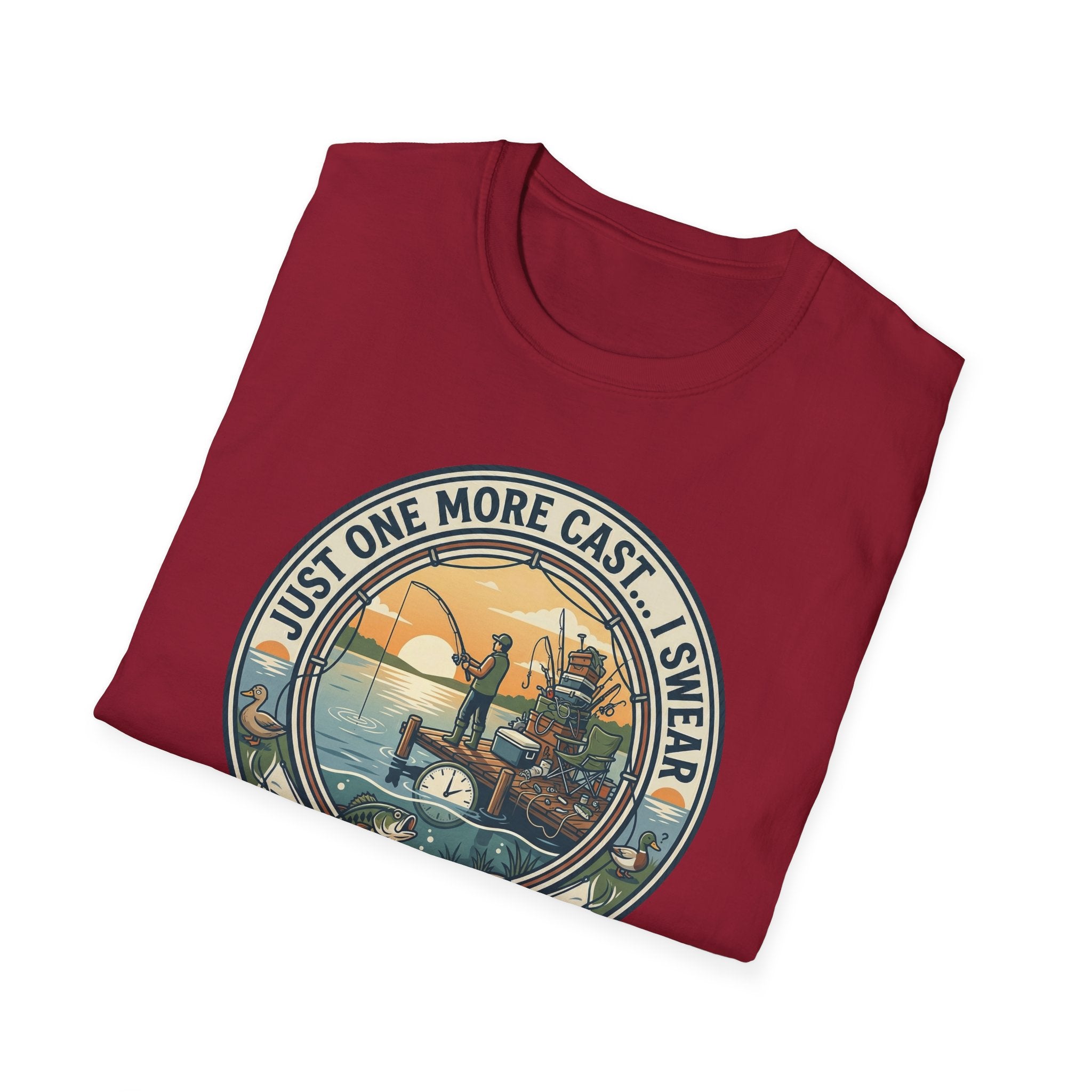 Just One More Cast Fishing T-Shirt | Retro Sunset Angler Design