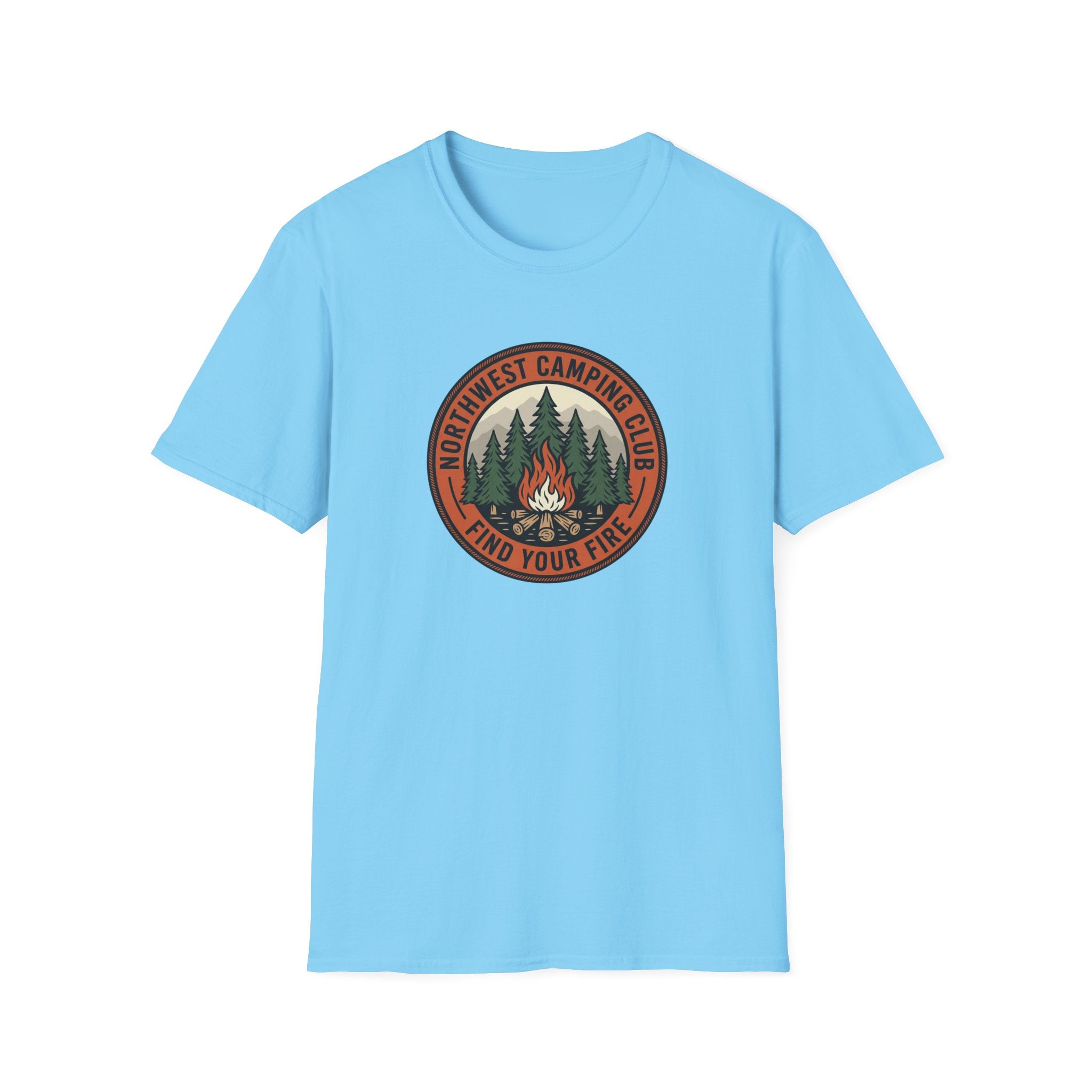 Northwest Camping Club Find Your Fire T-Shirt | Campfire Trees Outdoor Badge Shirt