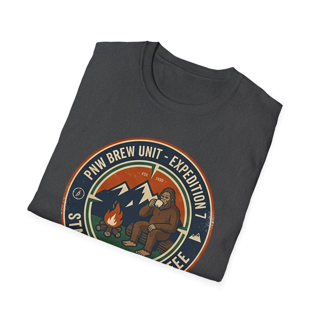 Stayed for the Coffee mountain camping badge T-Shirt | coffee hiking logo
