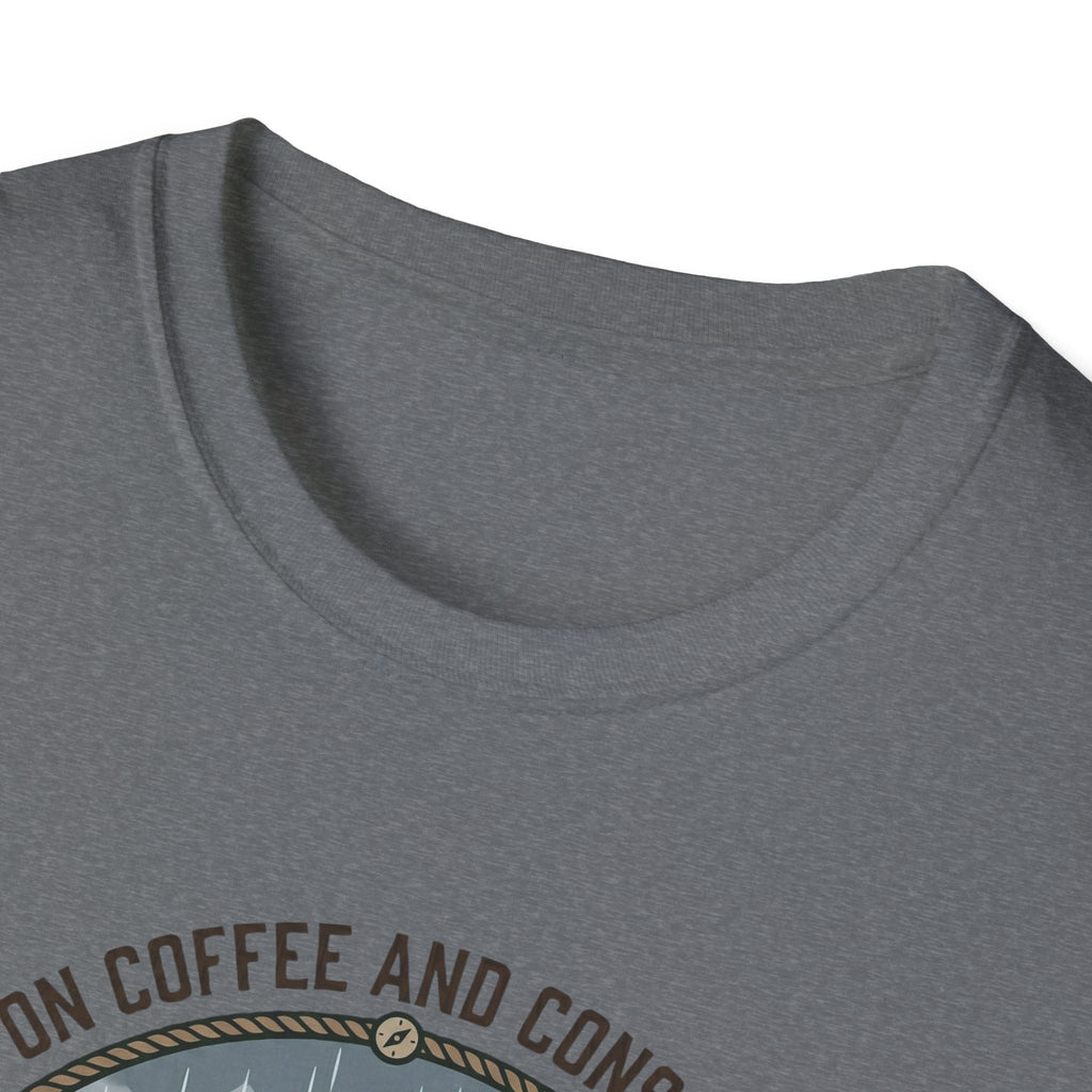 Cozy Camping Coffee Scene T-Shirt | Mountain Mug, Rainy Forest Illustration