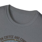 Cozy Camping Coffee Scene T-Shirt | Mountain Mug, Rainy Forest Illustration