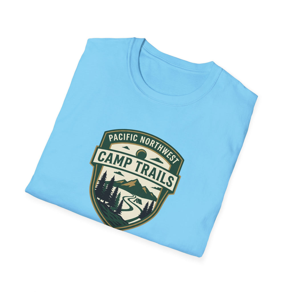 Camp Trails badge T-Shirt | Mountain camping logo, forest trail emblem