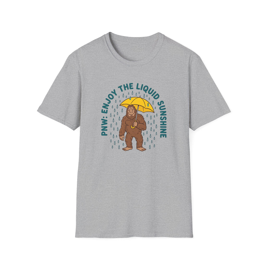 PNW Enjoy the Liquid Sunshine Bigfoot T-Shirt | Rain Umbrella Illustration