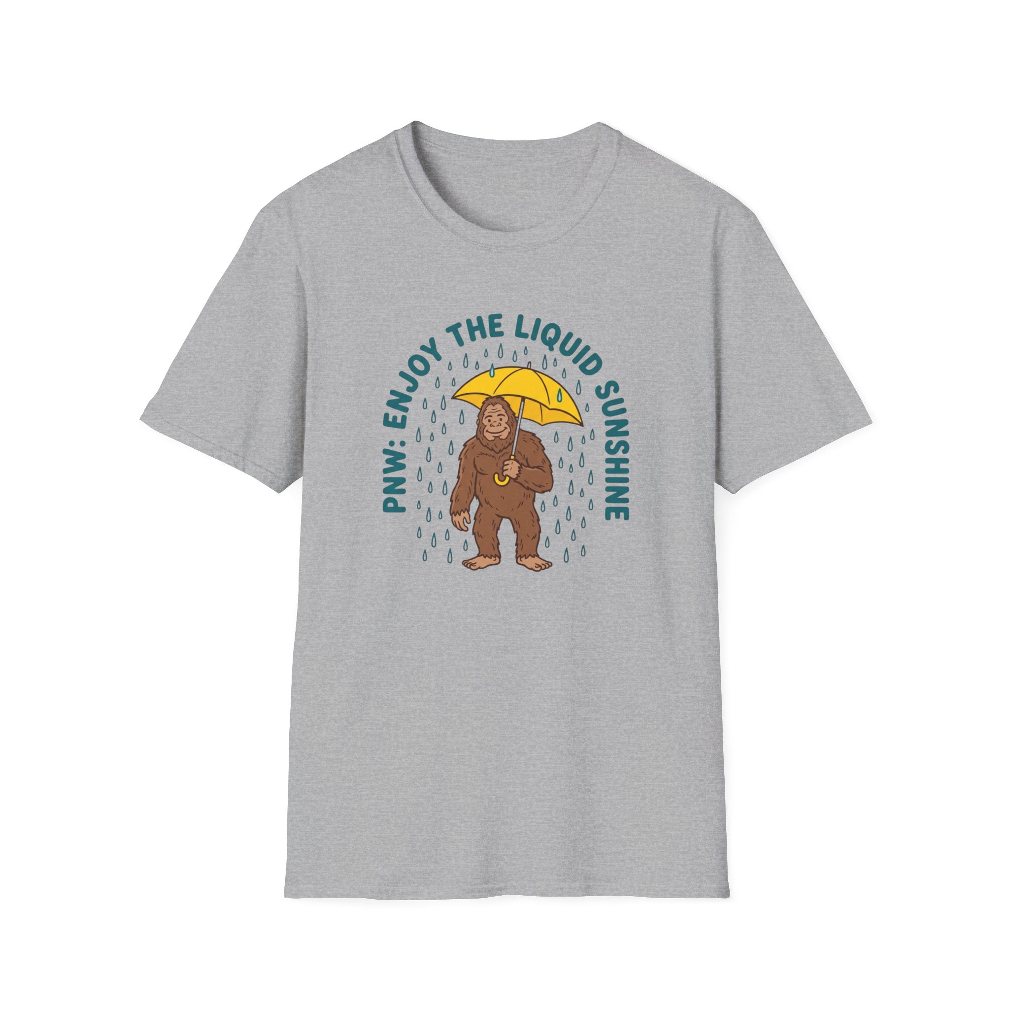 PNW Enjoy the Liquid Sunshine Bigfoot T-Shirt | Rain Umbrella Illustration