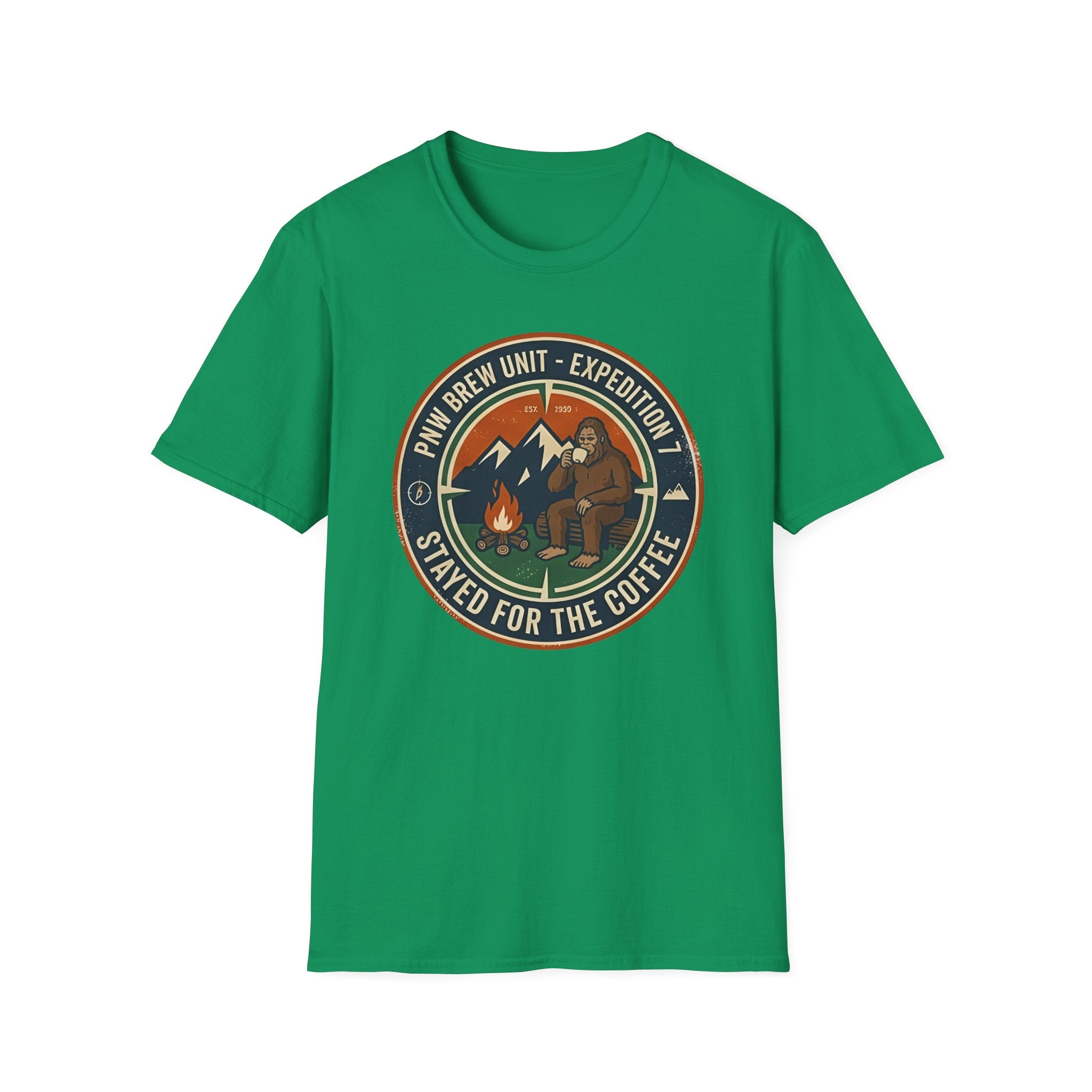 Stayed for the Coffee mountain camping badge T-Shirt | coffee hiking logo