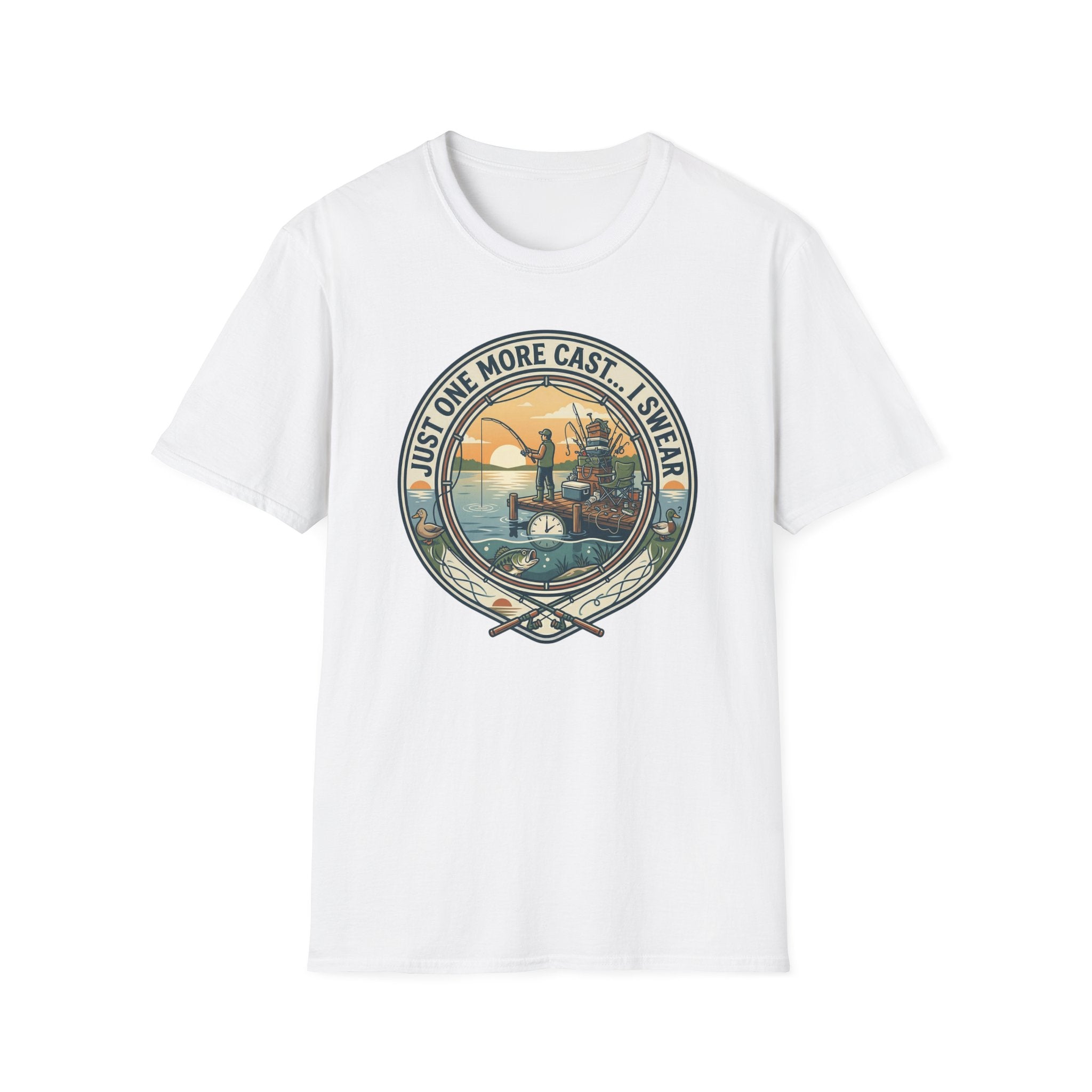 Just One More Cast Fishing T-Shirt | Retro Sunset Angler Design