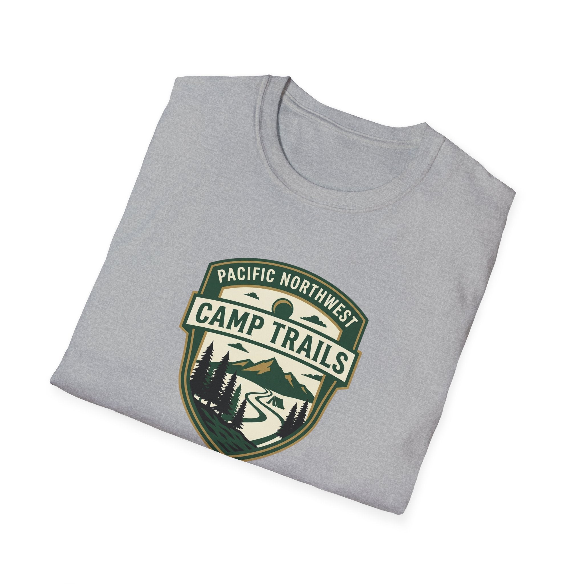 Camp Trails badge T-Shirt | Mountain camping logo, forest trail emblem