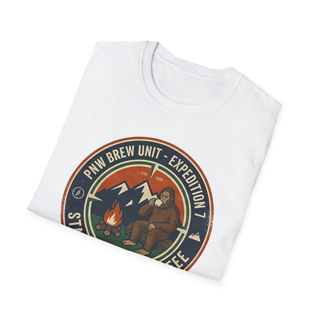 Stayed for the Coffee mountain camping badge T-Shirt | coffee hiking logo