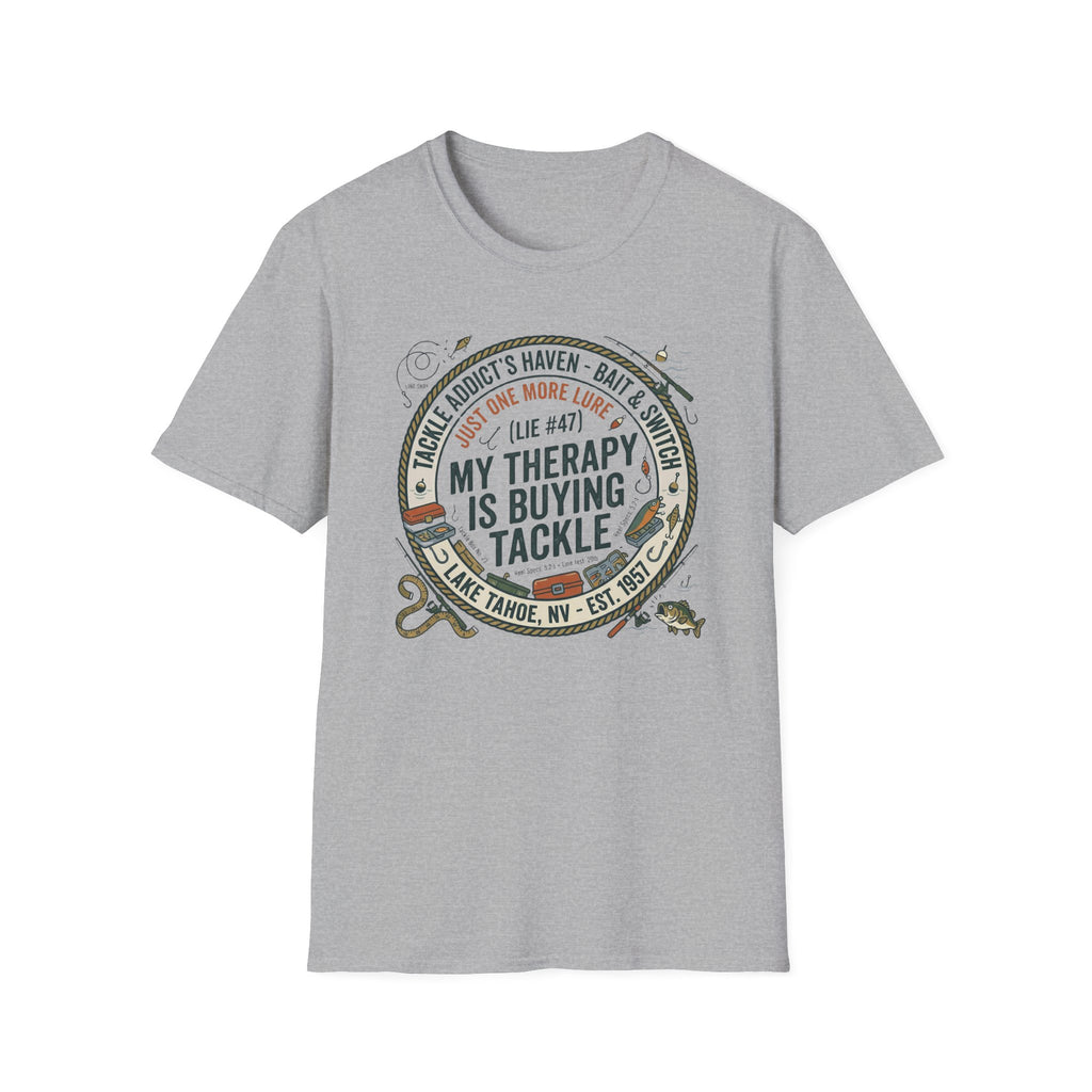 My Therapy Is Buying Tackle Fishing T-Shirt | Fishing Rod Reel Bait Angler Tee