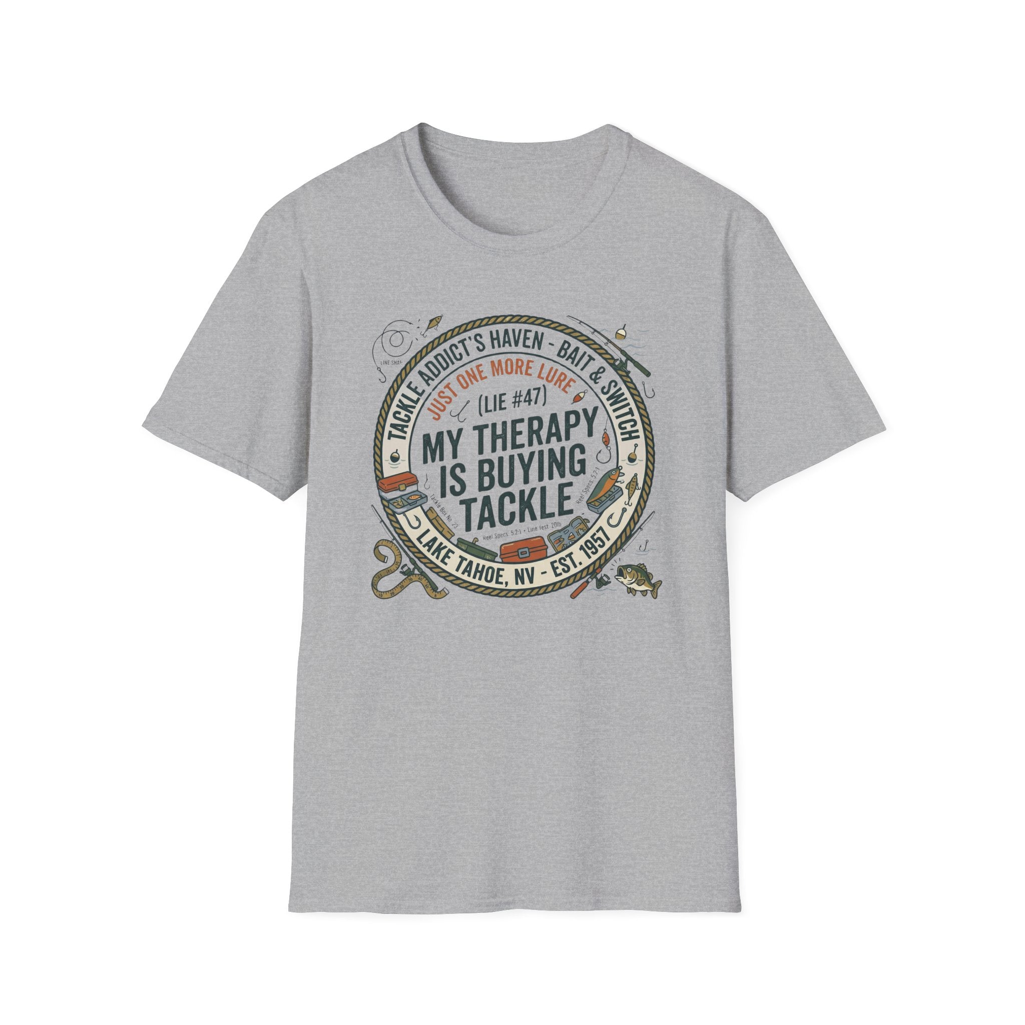My Therapy Is Buying Tackle Fishing T-Shirt | Fishing Rod Reel Bait Angler Tee