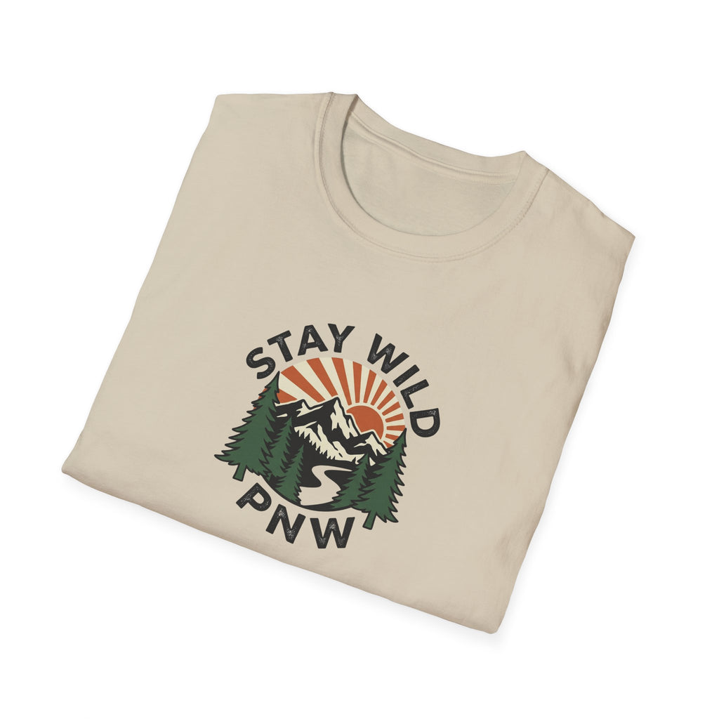 Stay Wild PNW T-Shirt | Mountain Sunset, Pine Trees, River Road