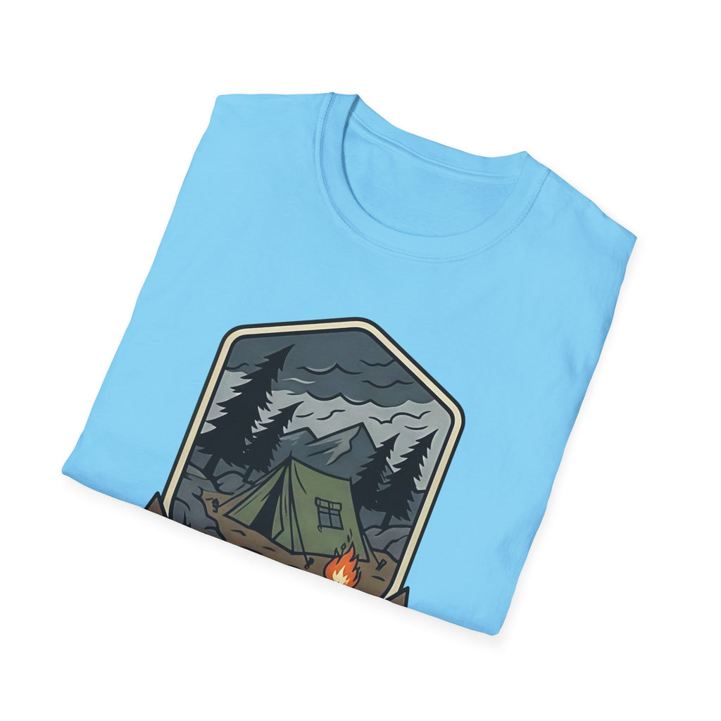 Camping Badge tent and campfire graphic T-Shirt | outdoors hiking adventure emblem