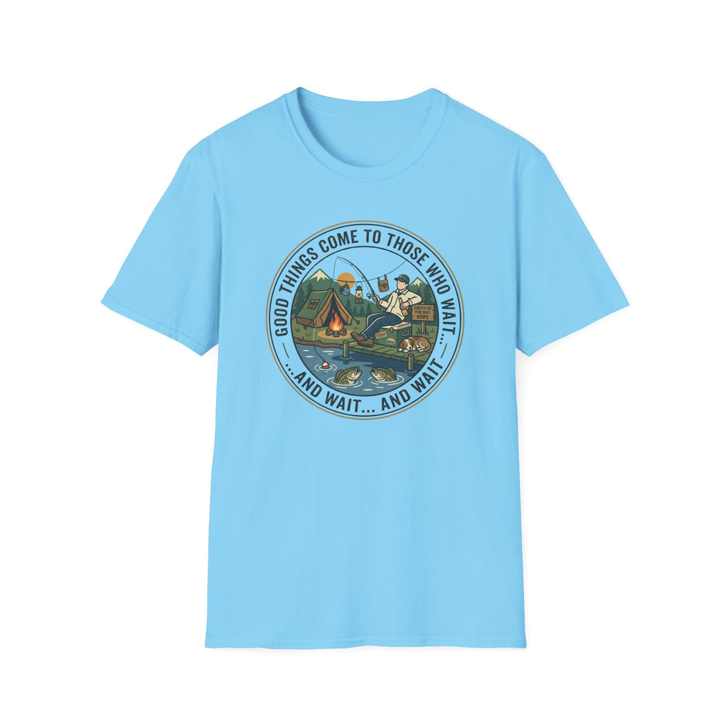 Camping Scene T-Shirt | Vintage Tent Lake Illustration, 'Good Things Come to Those Who Wait'