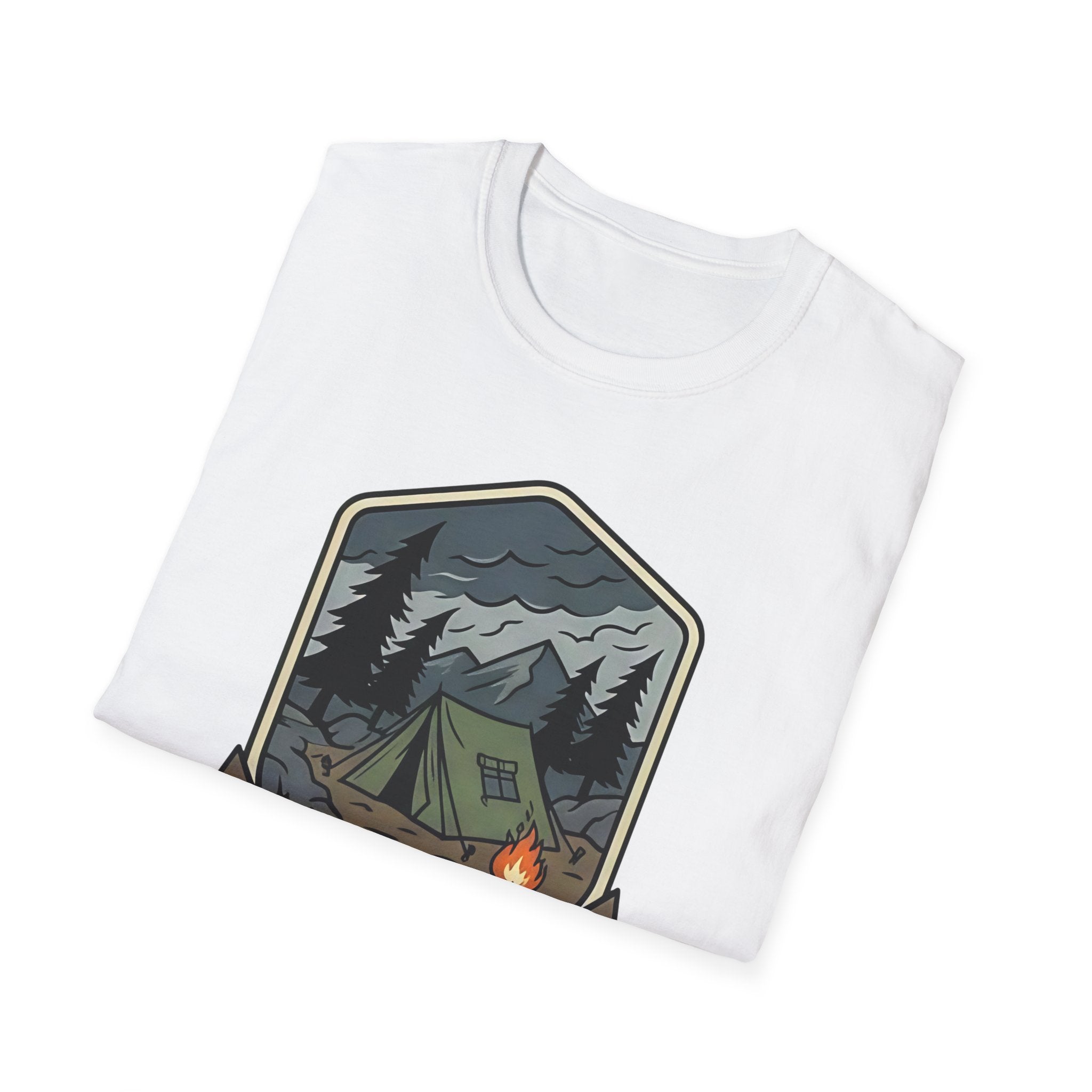 Camping Badge tent and campfire graphic T-Shirt | outdoors hiking adventure emblem