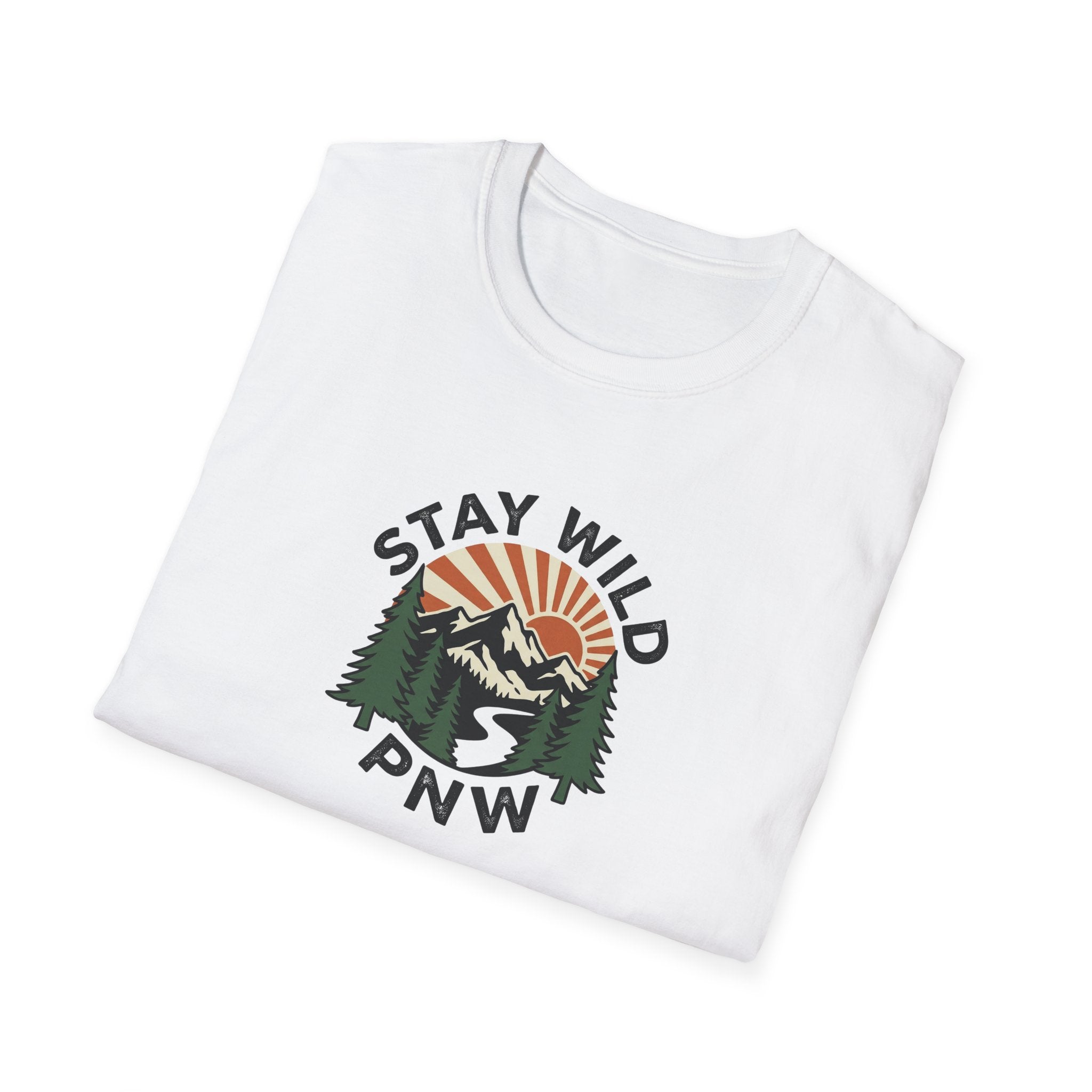 Stay Wild PNW T-Shirt | Mountain Sunset, Pine Trees, River Road