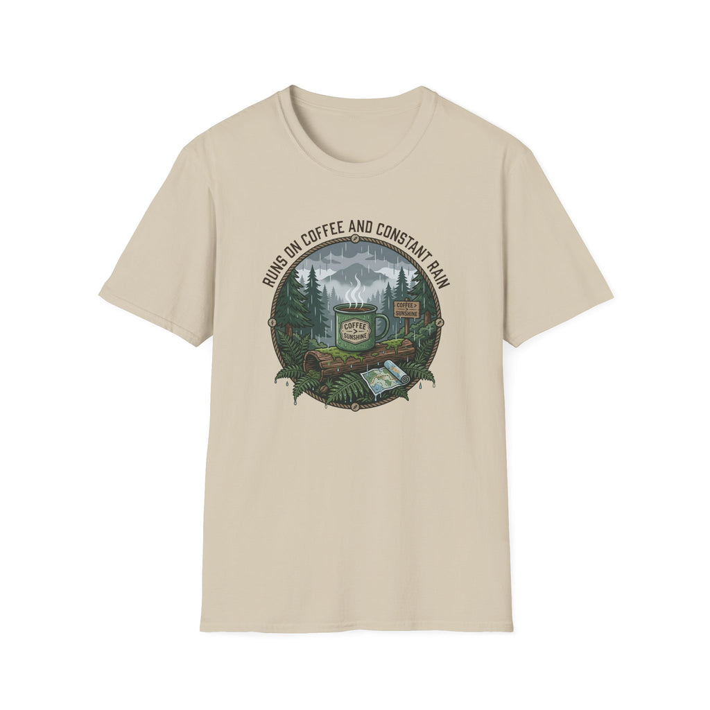 Cozy Camping Coffee Scene T-Shirt | Mountain Mug, Rainy Forest Illustration