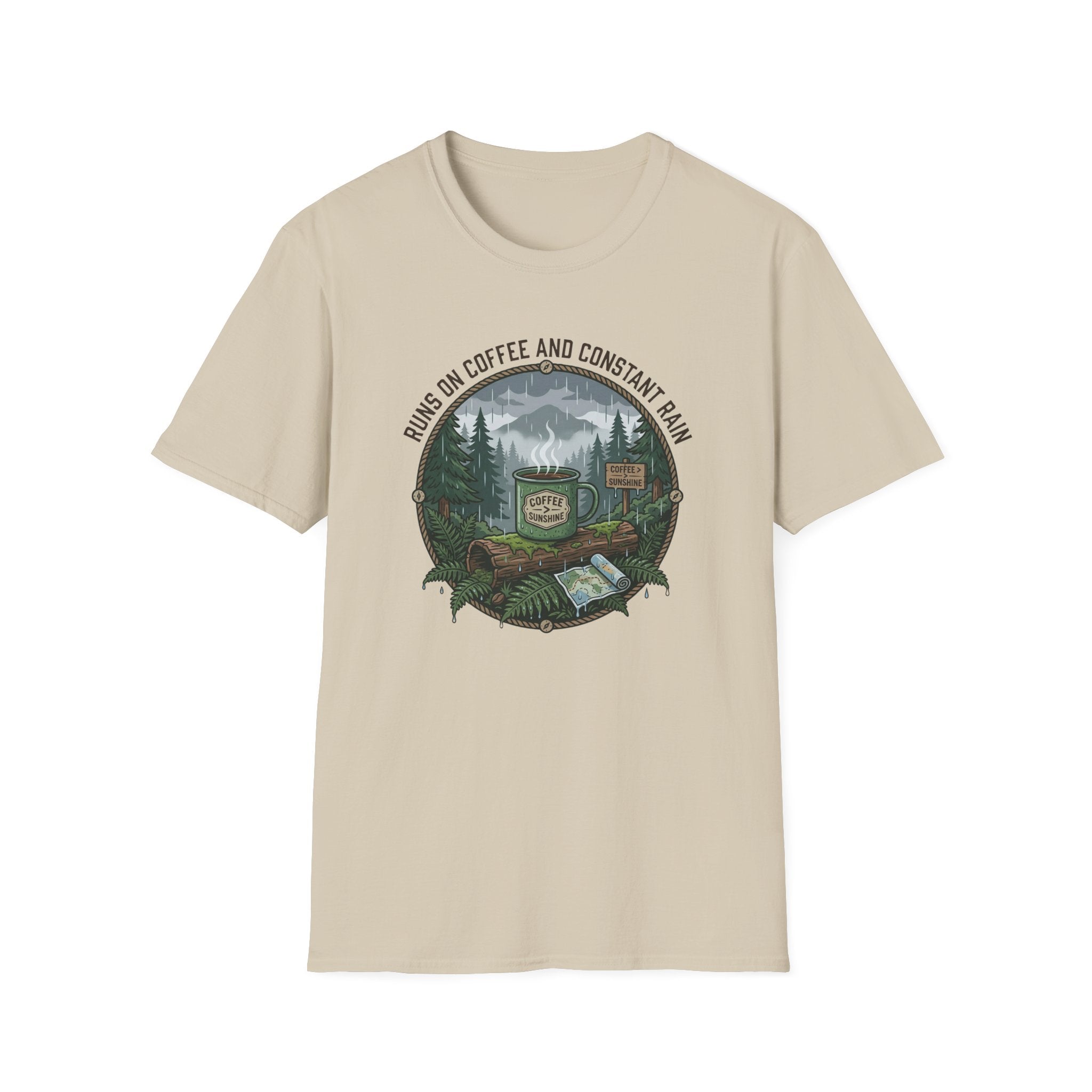 Cozy Camping Coffee Scene T-Shirt | Mountain Mug, Rainy Forest Illustration
