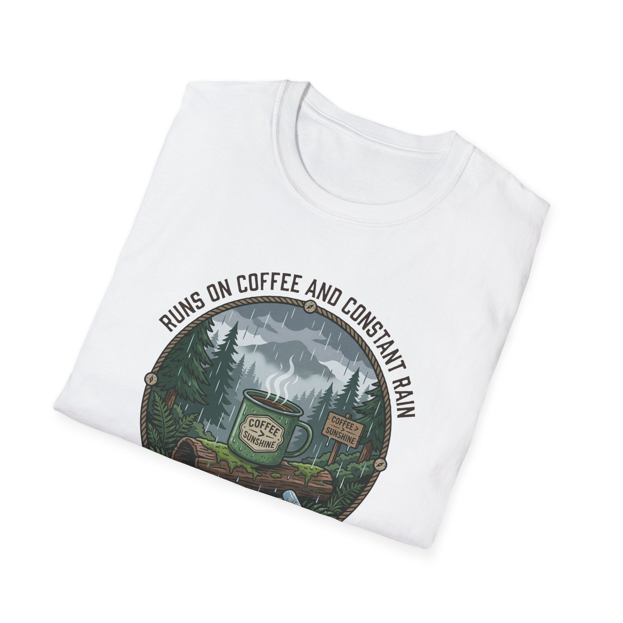 Cozy Camping Coffee Scene T-Shirt | Mountain Mug, Rainy Forest Illustration