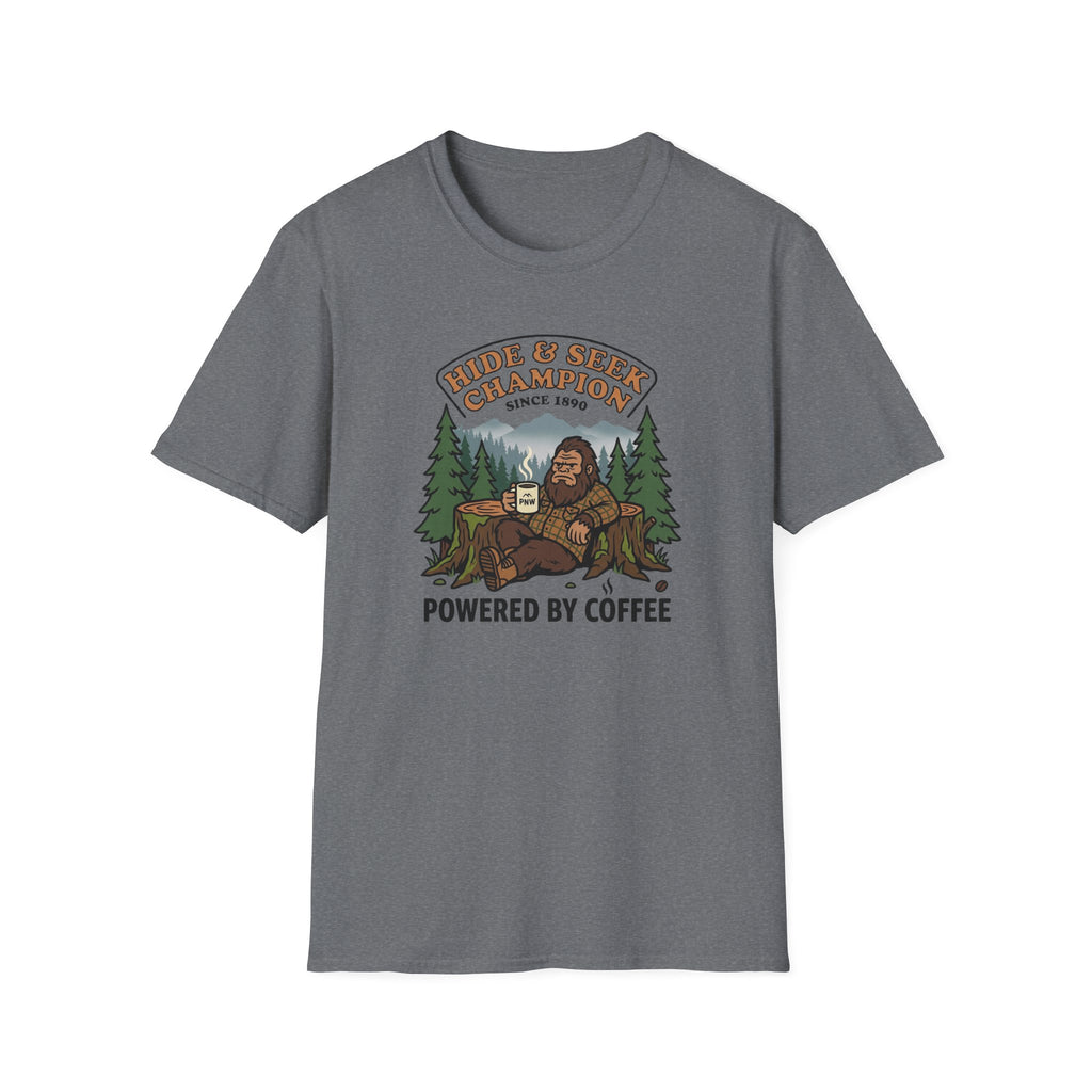 Sasquatch Hide & Seek Champion T-Shirt | Powered by Coffee, Bigfoot Design