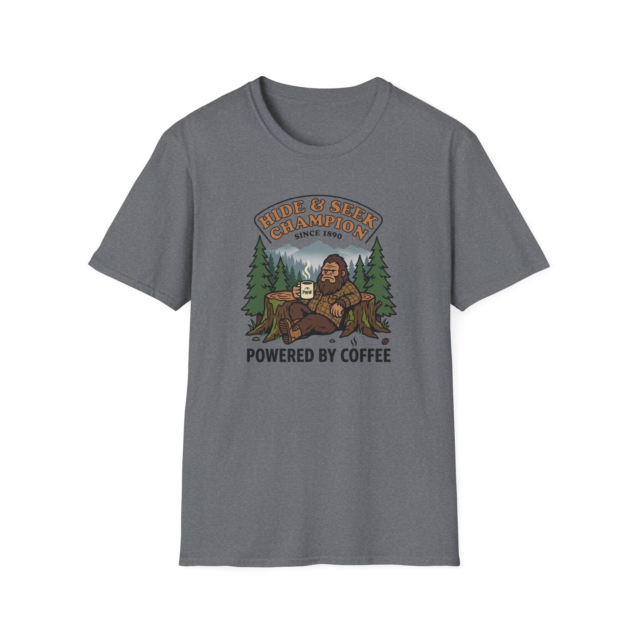 Sasquatch Hide & Seek Champion T-Shirt | Powered by Coffee, Bigfoot Design