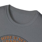 Sasquatch Hide & Seek Champion T-Shirt | Powered by Coffee, Bigfoot Design
