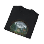 Cozy Camping Coffee Scene T-Shirt | Mountain Mug, Rainy Forest Illustration