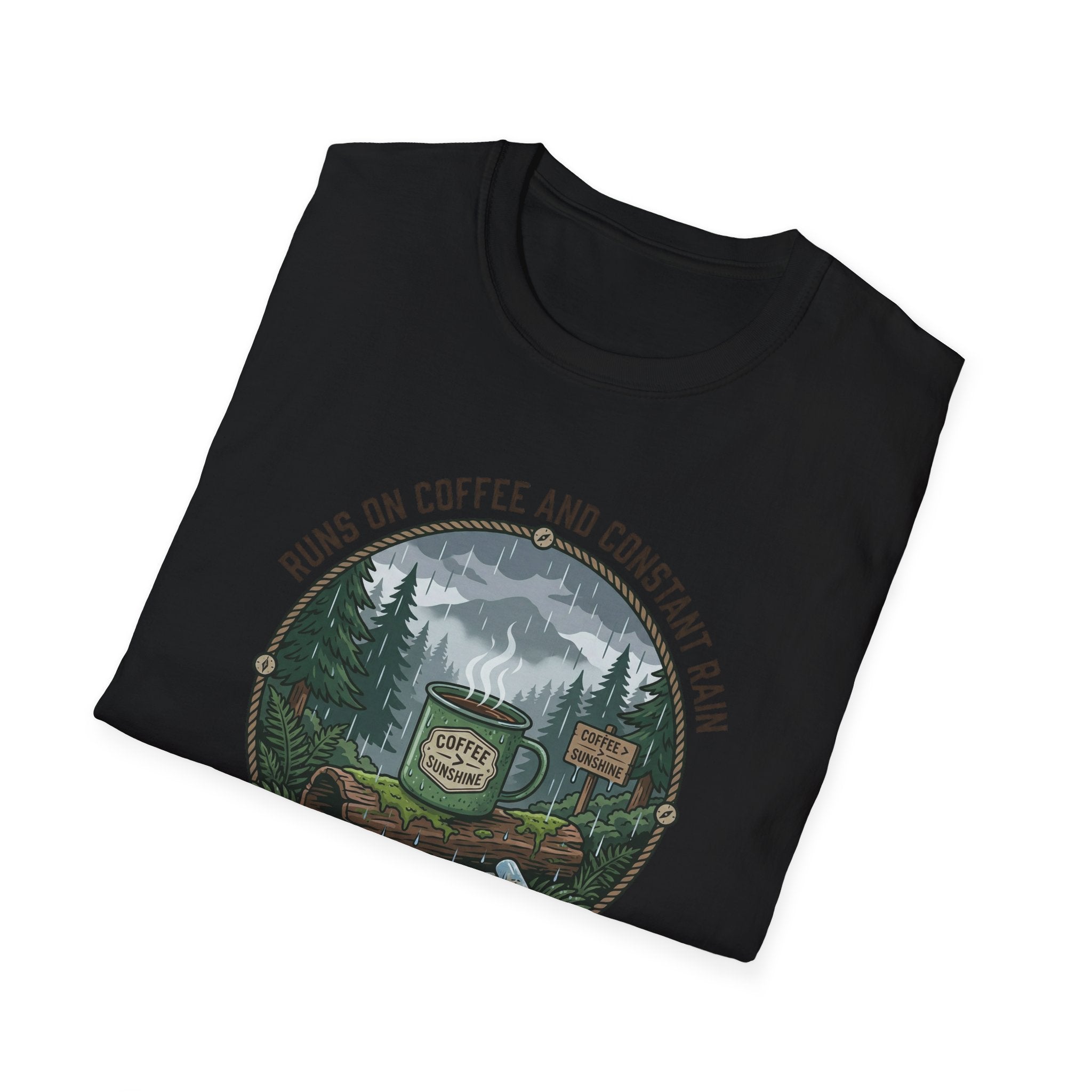 Cozy Camping Coffee Scene T-Shirt | Mountain Mug, Rainy Forest Illustration