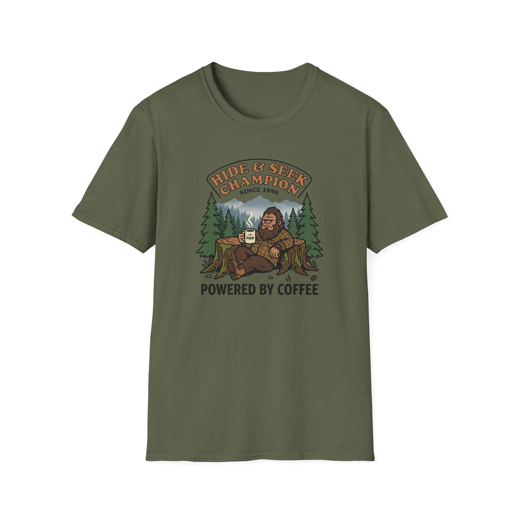 Sasquatch Hide & Seek Champion T-Shirt | Powered by Coffee, Bigfoot Design