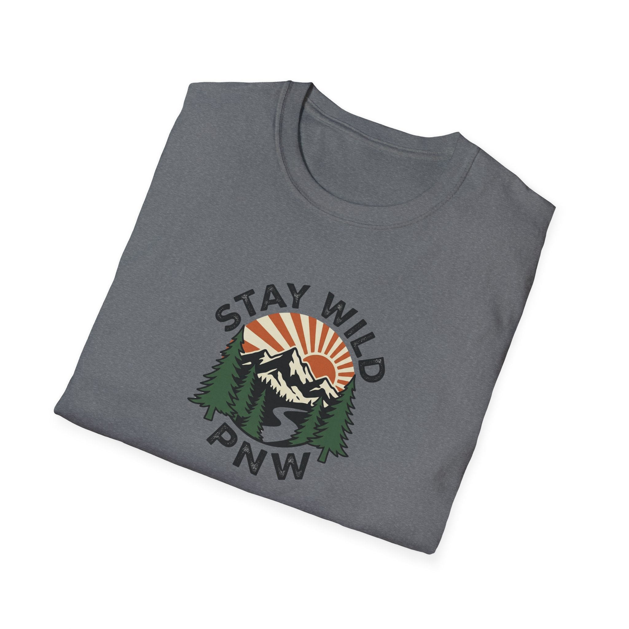 Stay Wild PNW T-Shirt | Mountain Sunset, Pine Trees, River Road