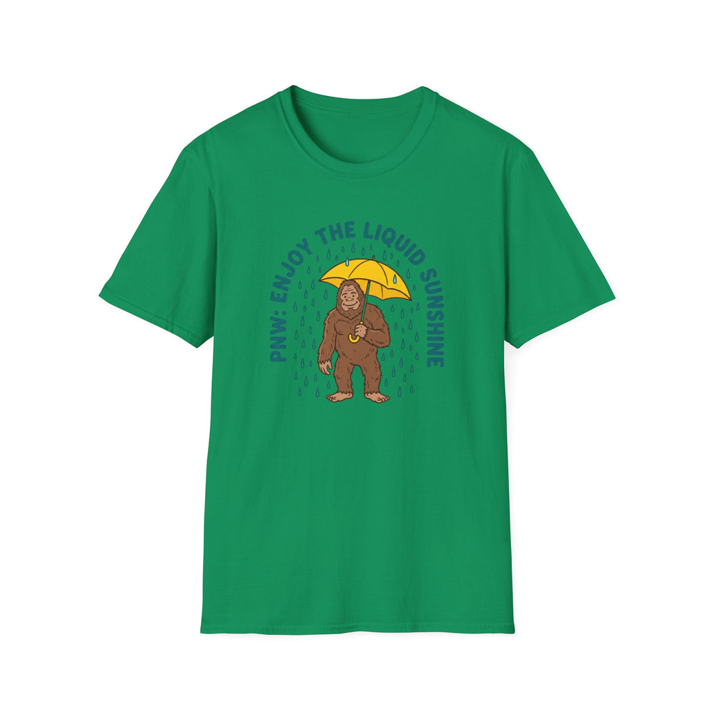 PNW Enjoy the Liquid Sunshine Bigfoot T-Shirt | Rain Umbrella Illustration