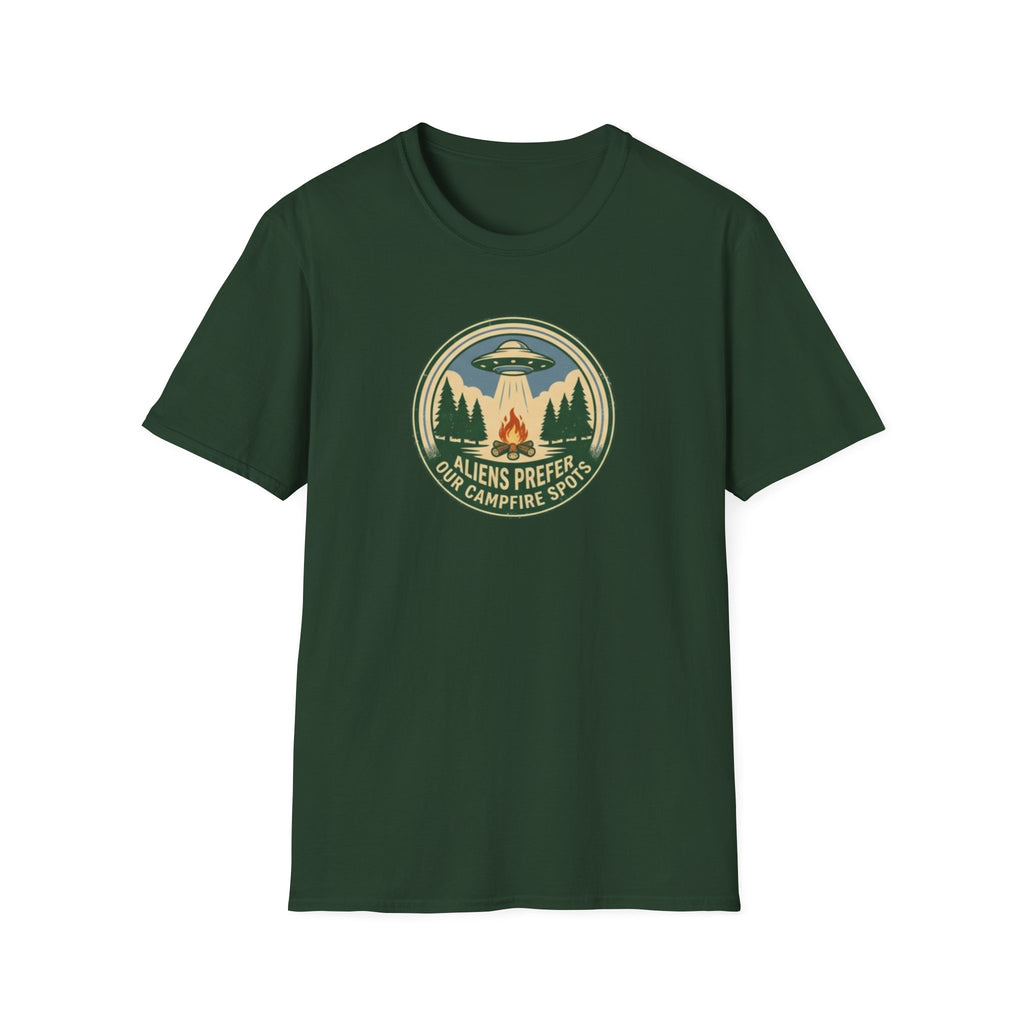 Aliens Prefer Our Campfire Spots T-Shirt | UFO Camping Badge Graphic