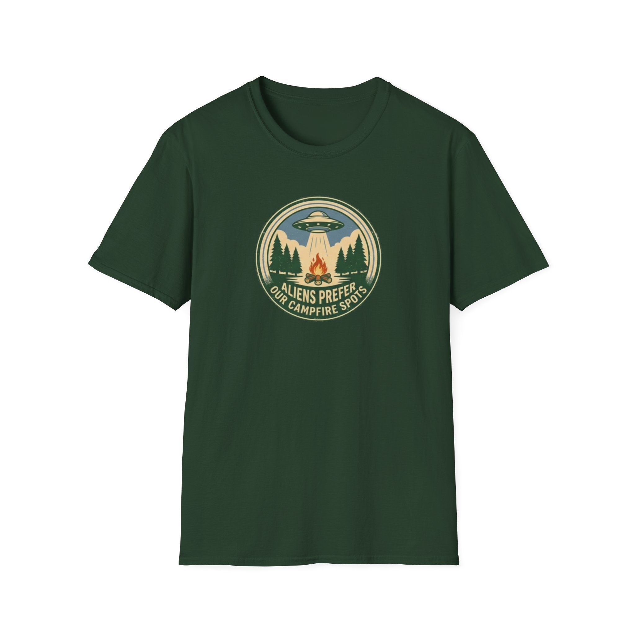 Aliens Prefer Our Campfire Spots T-Shirt | UFO Camping Badge Graphic