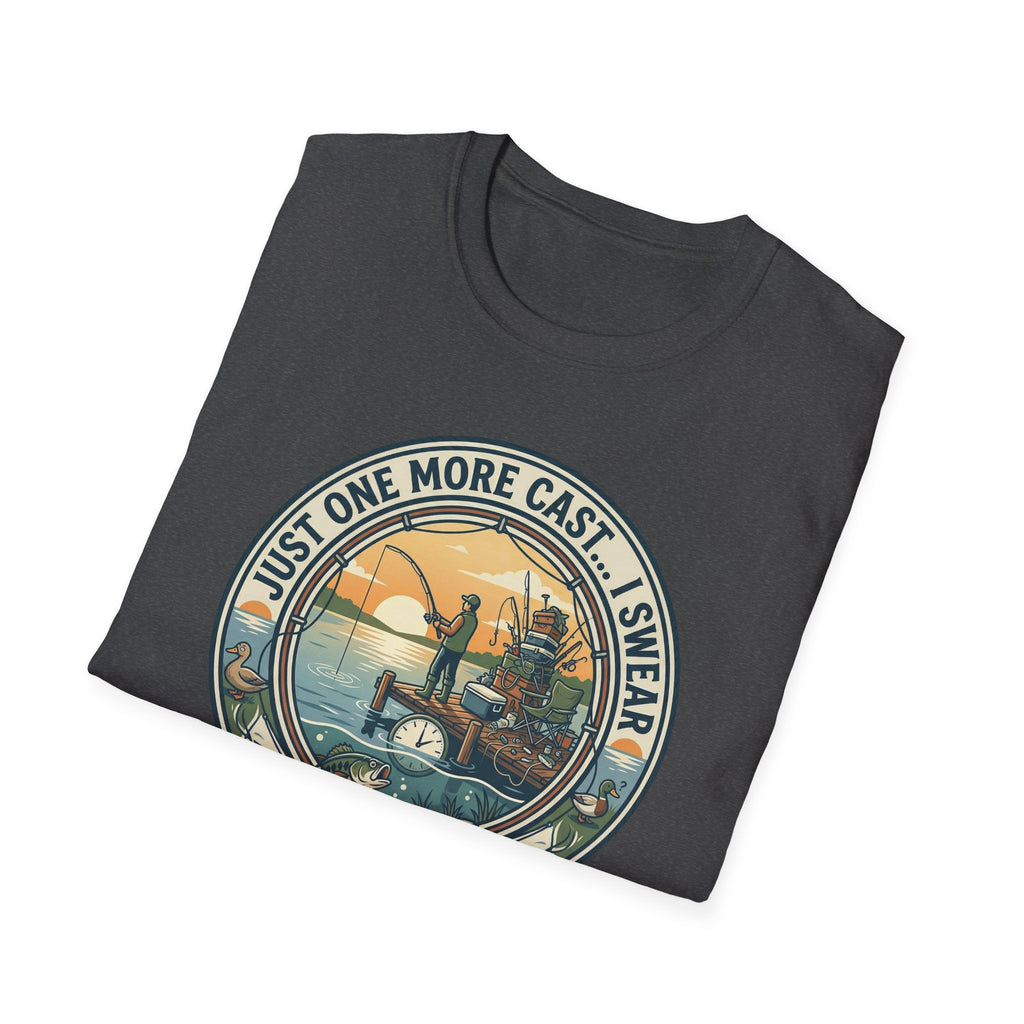 Just One More Cast Fishing T-Shirt | Retro Sunset Angler Design