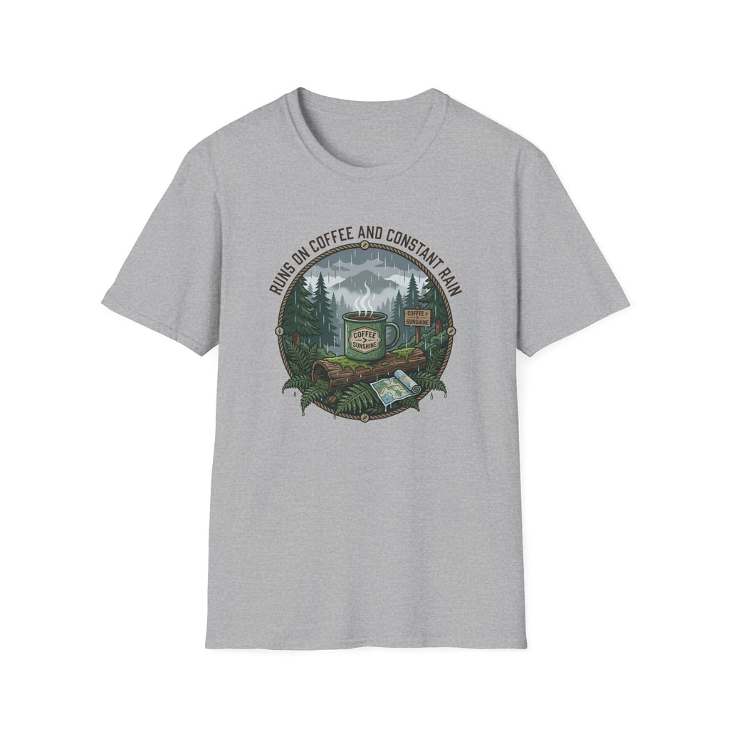 Cozy Camping Coffee Scene T-Shirt | Mountain Mug, Rainy Forest Illustration