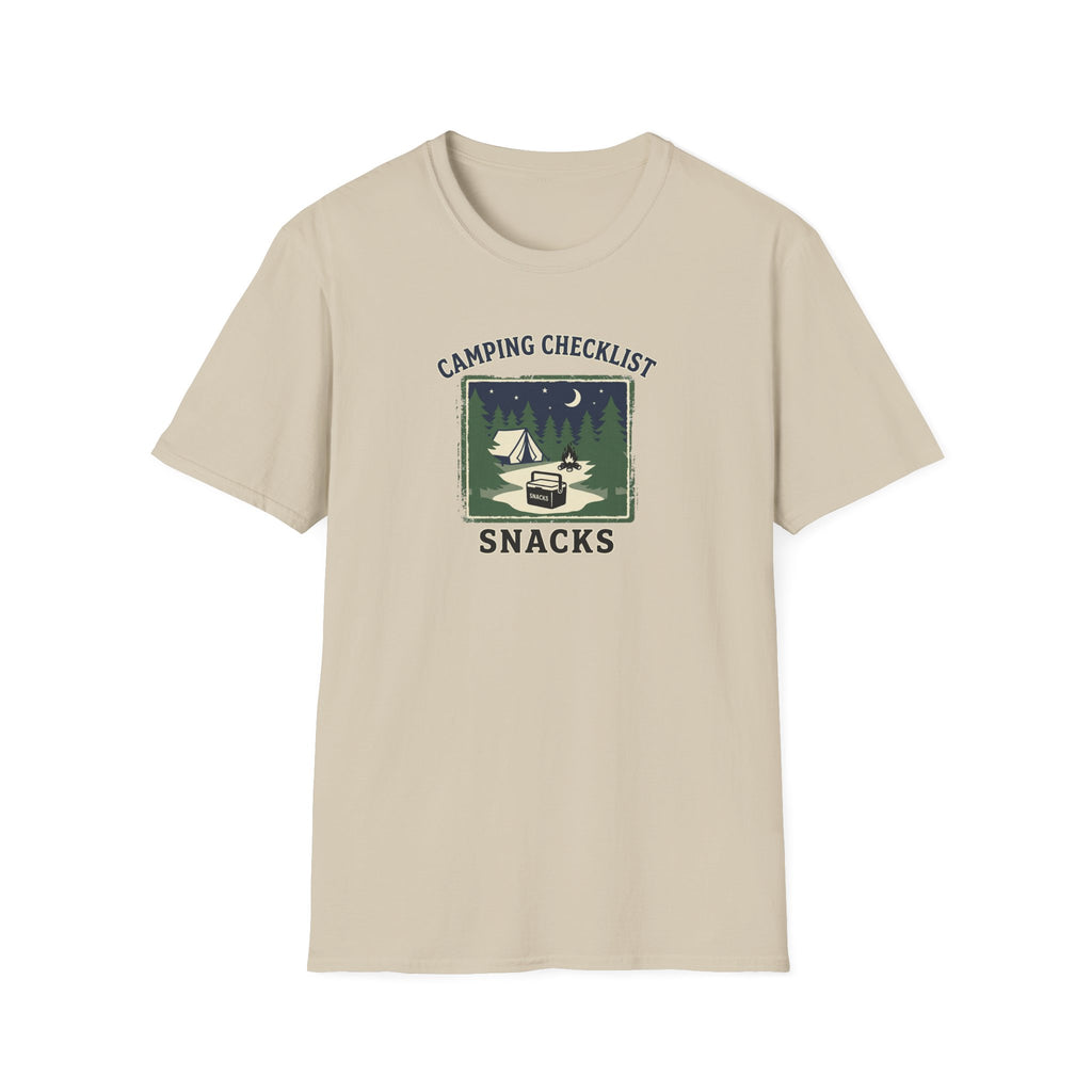 Camping Checklist Snacks T-Shirt | Camping Graphic Tee, Tent Campfire Design