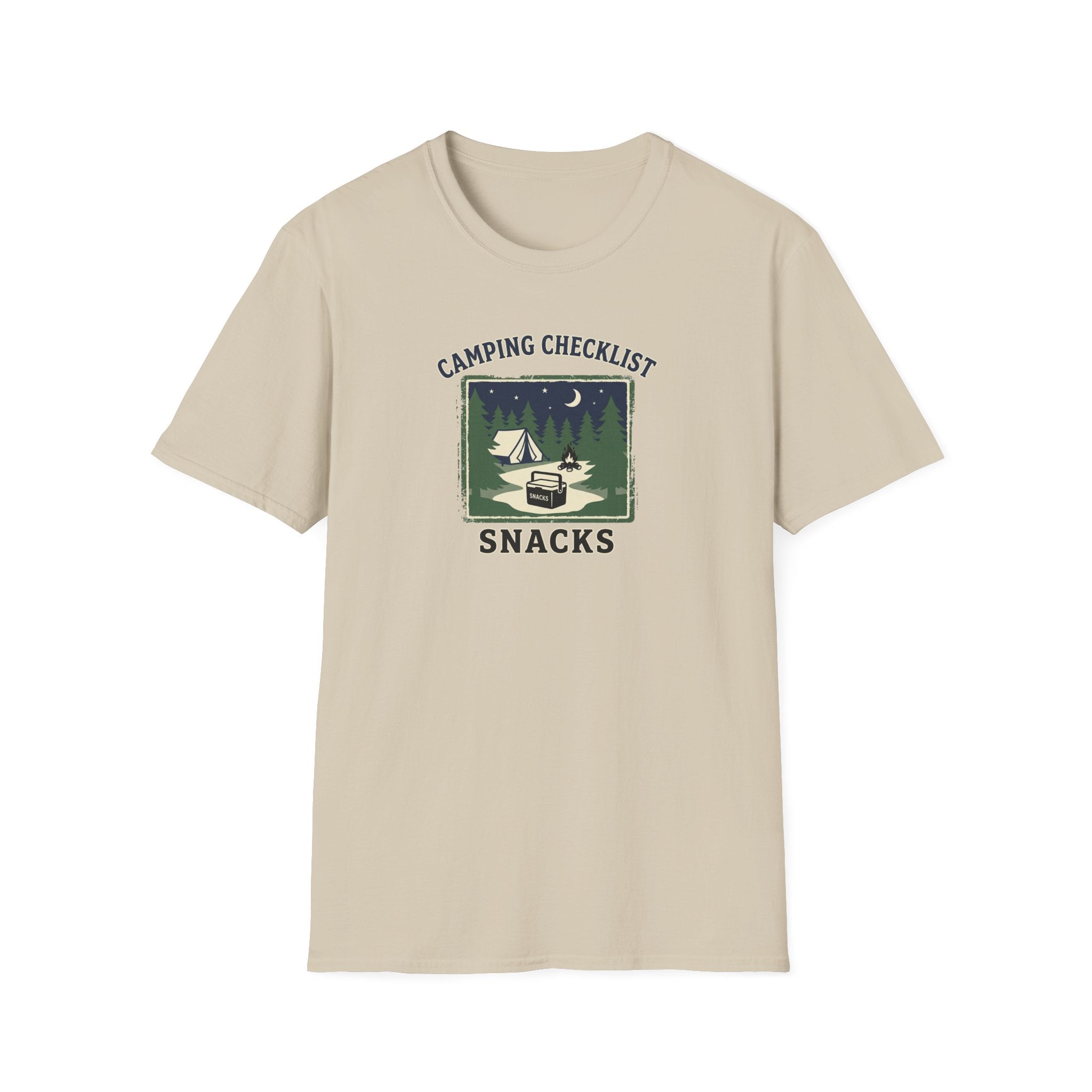 Camping Checklist Snacks T-Shirt | Camping Graphic Tee, Tent Campfire Design