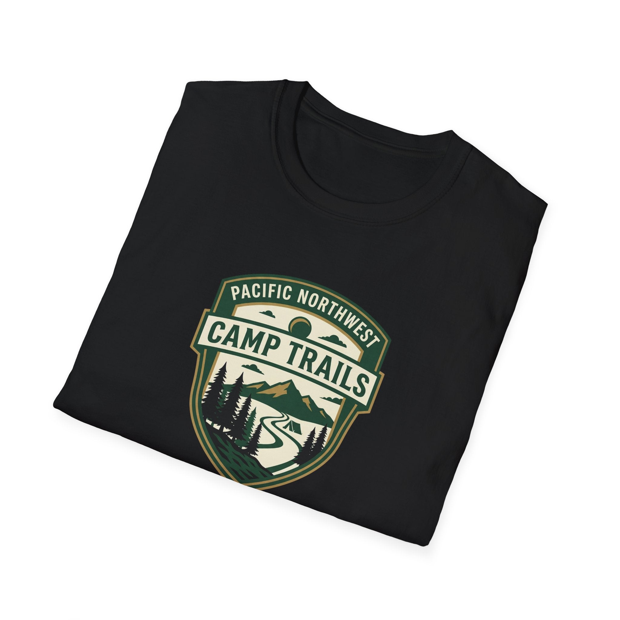 Camp Trails badge T-Shirt | Mountain camping logo, forest trail emblem