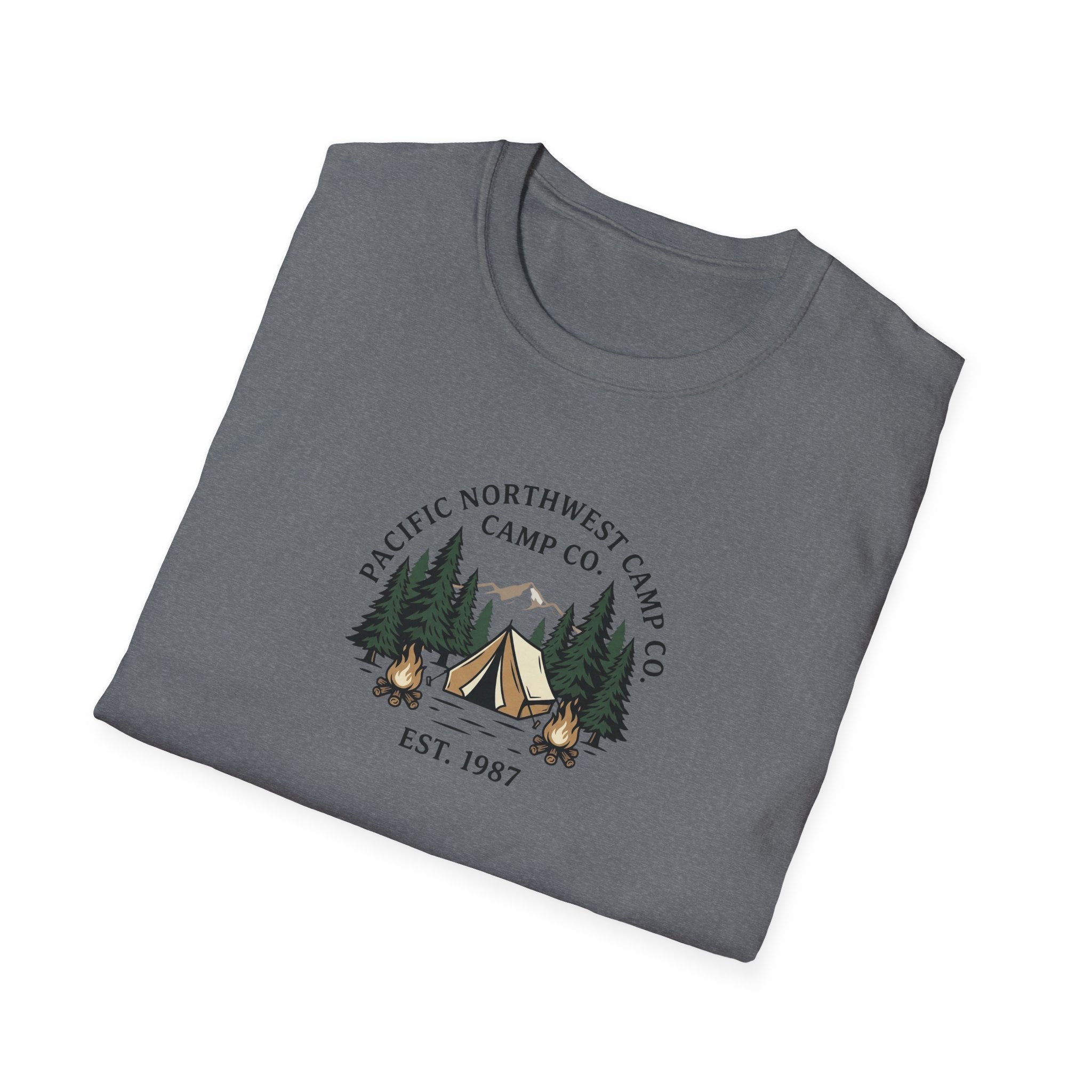 Campwood Trees Tent Graphic T-Shirt | Mountain Camping Logo, EST 1987