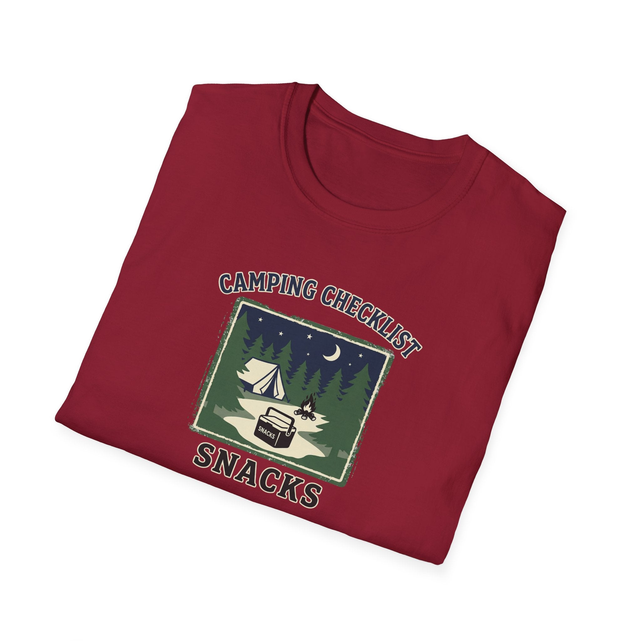 Camping Checklist Snacks T-Shirt | Camping Graphic Tee, Tent Campfire Design