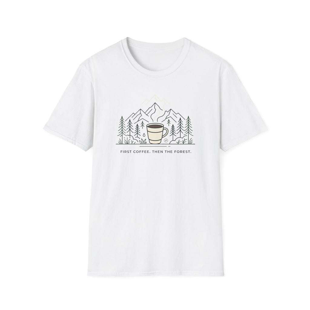 Coffee Cup in Pines T-Shirt | mountain camp mug, minimalist outdoors design