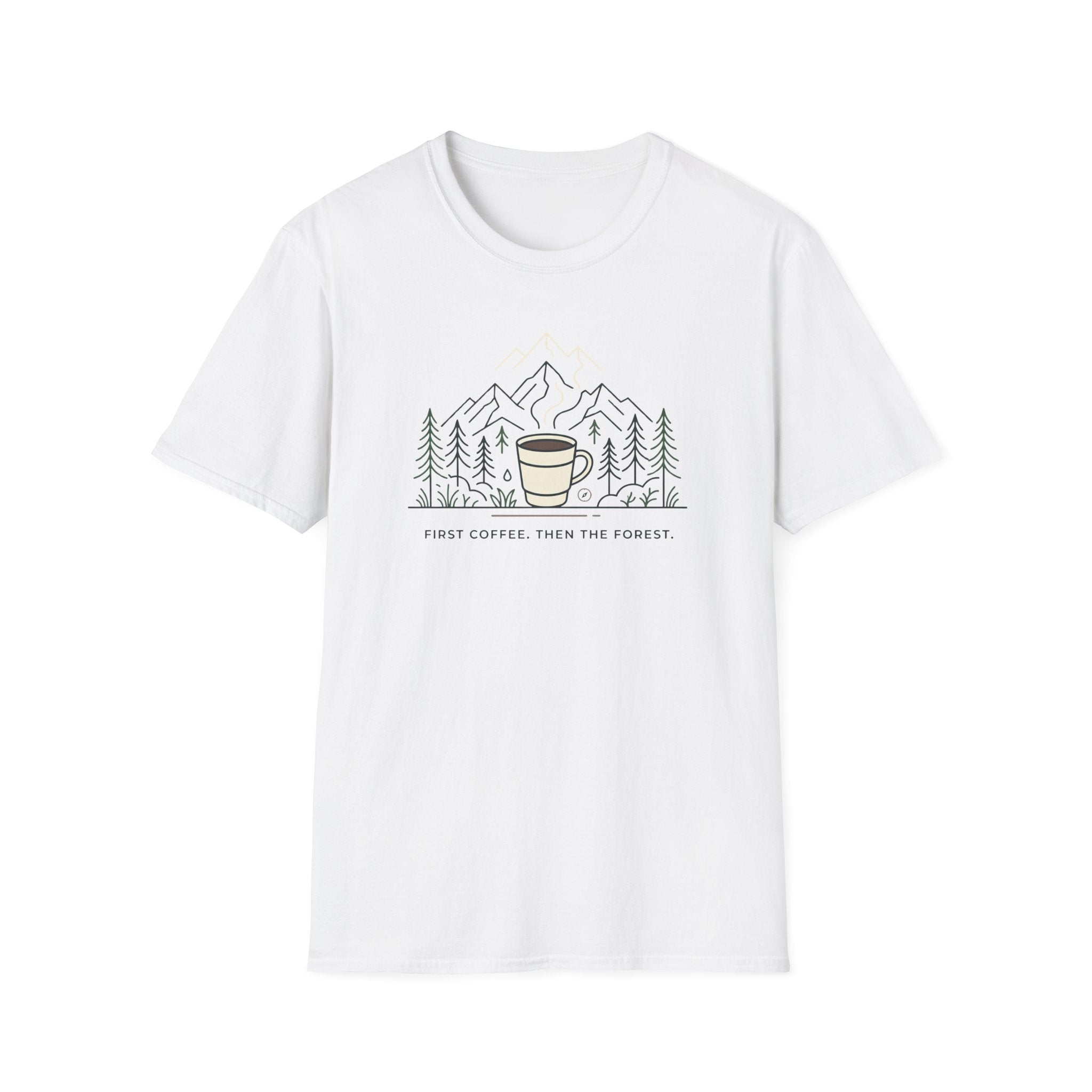 Coffee Cup in Pines T-Shirt | mountain camp mug, minimalist outdoors design